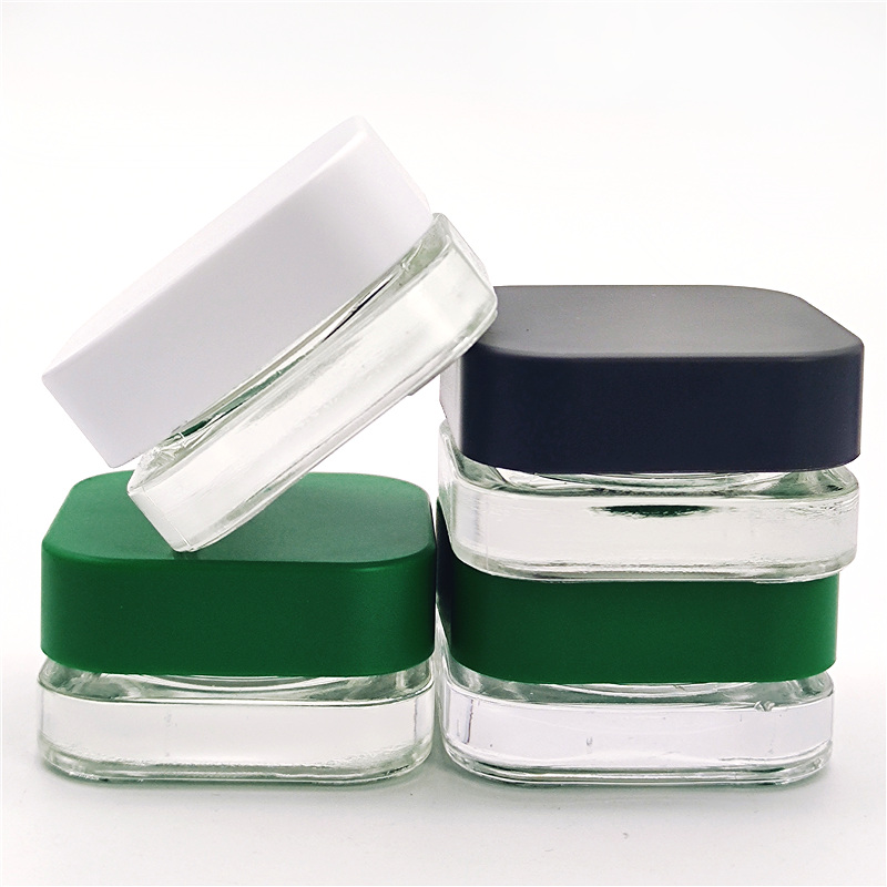 luxury 5ml 7ml 9ml black white clear qube cube square Glass child proof CRC CBD jar with push down and turn cap