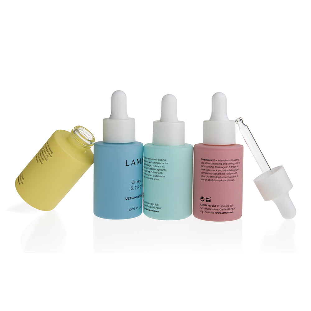 luxury cosmetic 1oz flat glass serum dropper bottle 30ml 40ml 50ml 60ml 80ml 100ml 120ml matte pink glass matte white bottle