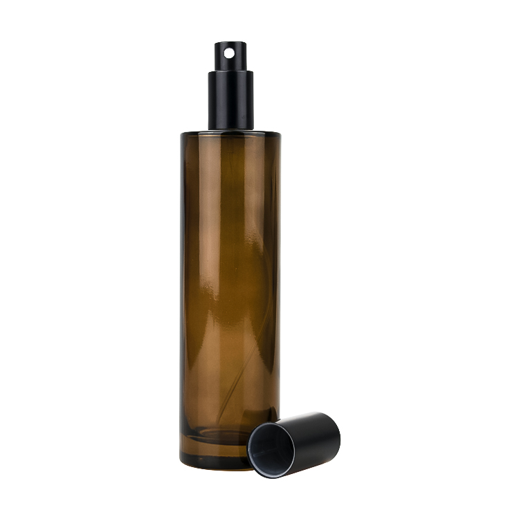 luxury cosmetic oil bottle 100ml cylinder amber glass matte black aluminum mist sprayer toner bottle