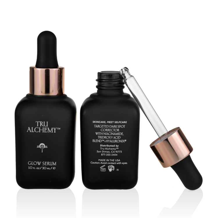 luxury cosmetic oil bottle 10ml 20ml 30ml 50ml 100ml square matte black essential oil glass bottle with rose gold dropper cap