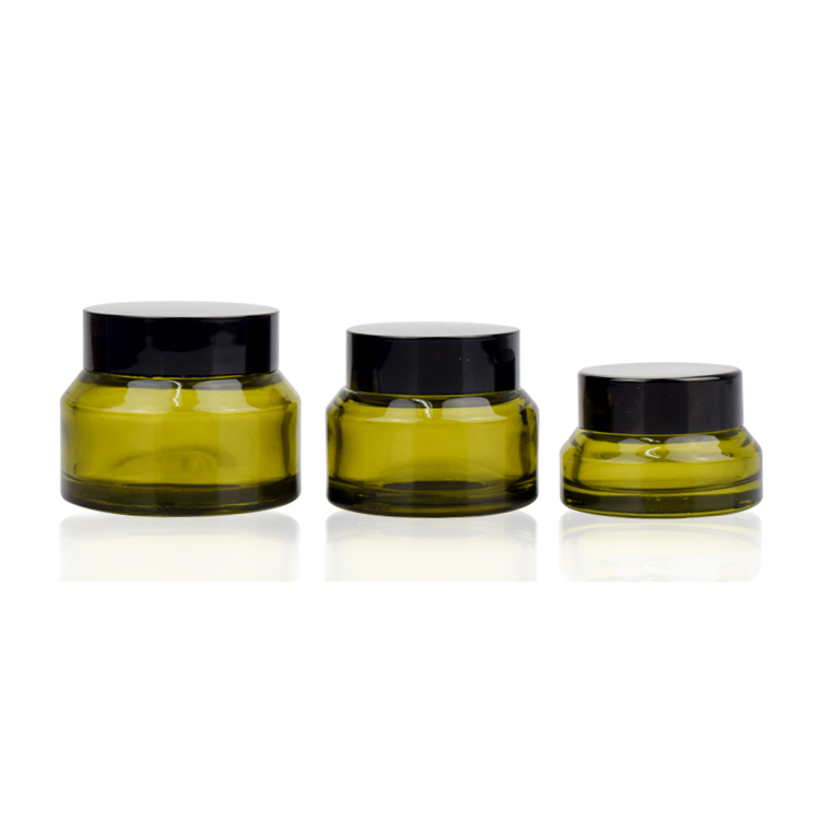 luxury cosmetic packaging 15g 30g 50g 100g olive green glass cream jar with black lid