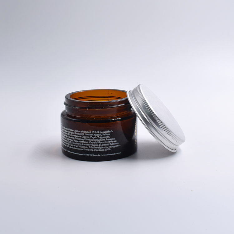 luxury cosmetic packaging amber airtight cream glass jar 15g 20g 30g 50g 100g jar with silver printing logo metal screw lid