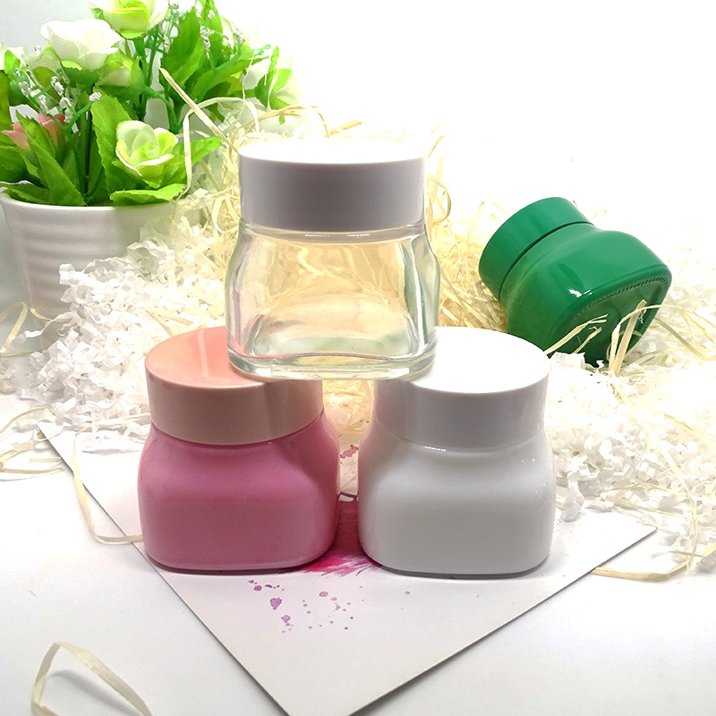 luxury cosmetic packaging container custom colorful face cream 50g 50ml square glass jar with colored lid