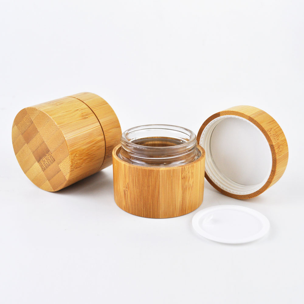 luxury cosmetic packaging empty wooden glass inner bottle with bamboo cap glass jar