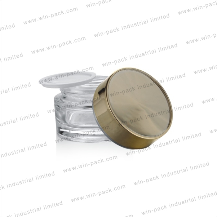 luxury cosmetics empty clear glass body cream jar with gold cap 50g