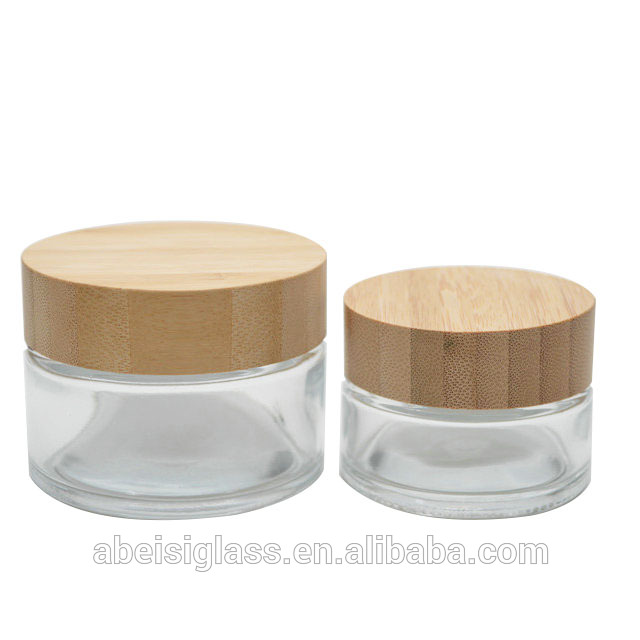 luxury cream jar 50g cosmetic jars glass jars with wooden caps engraving bamboo lid