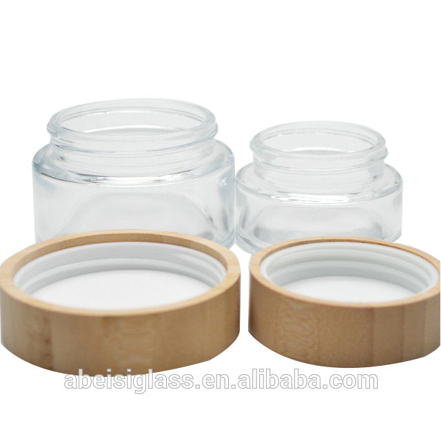 luxury cream jar 50g cosmetic jars glass jars with wooden caps engraving bamboo lid