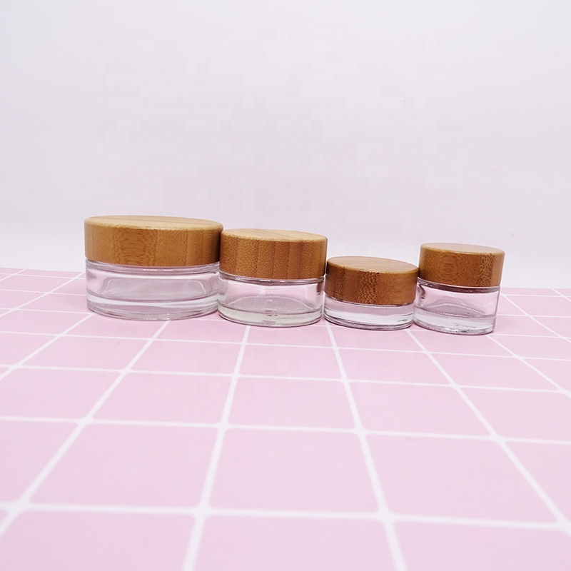 luxury custom matte clear cosmetic beauty glass jar bamboo lid 30 ml cream lotion container with wood cap