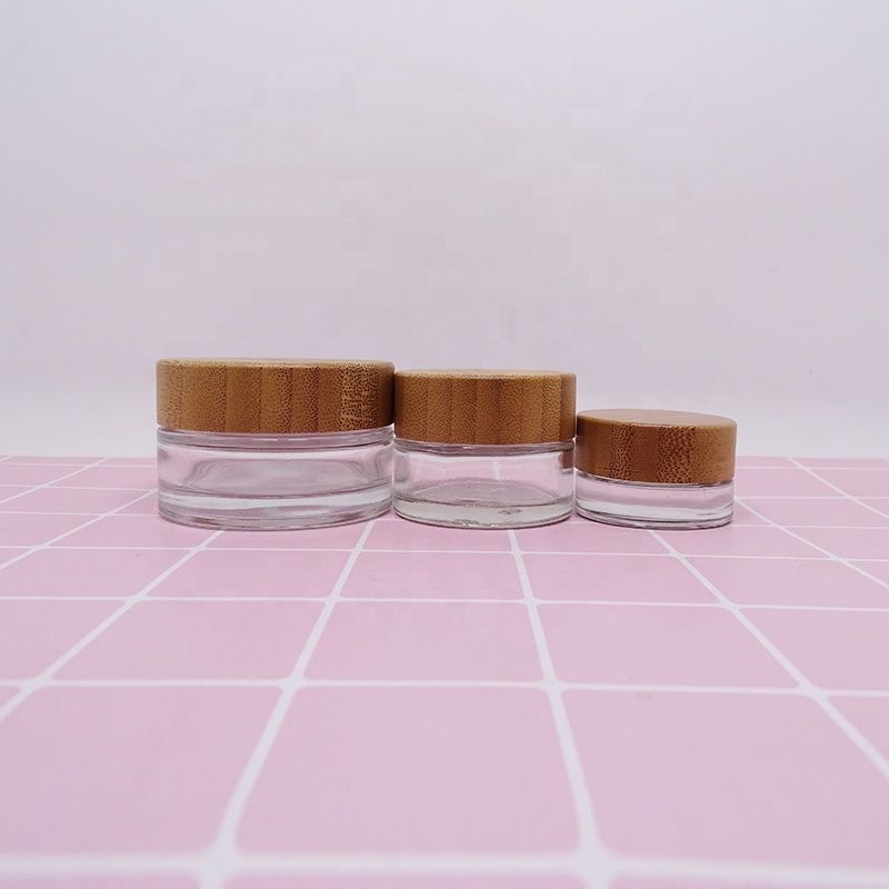 luxury custom matte clear cosmetic beauty glass jar bamboo lid 30 ml cream lotion container with wood cap