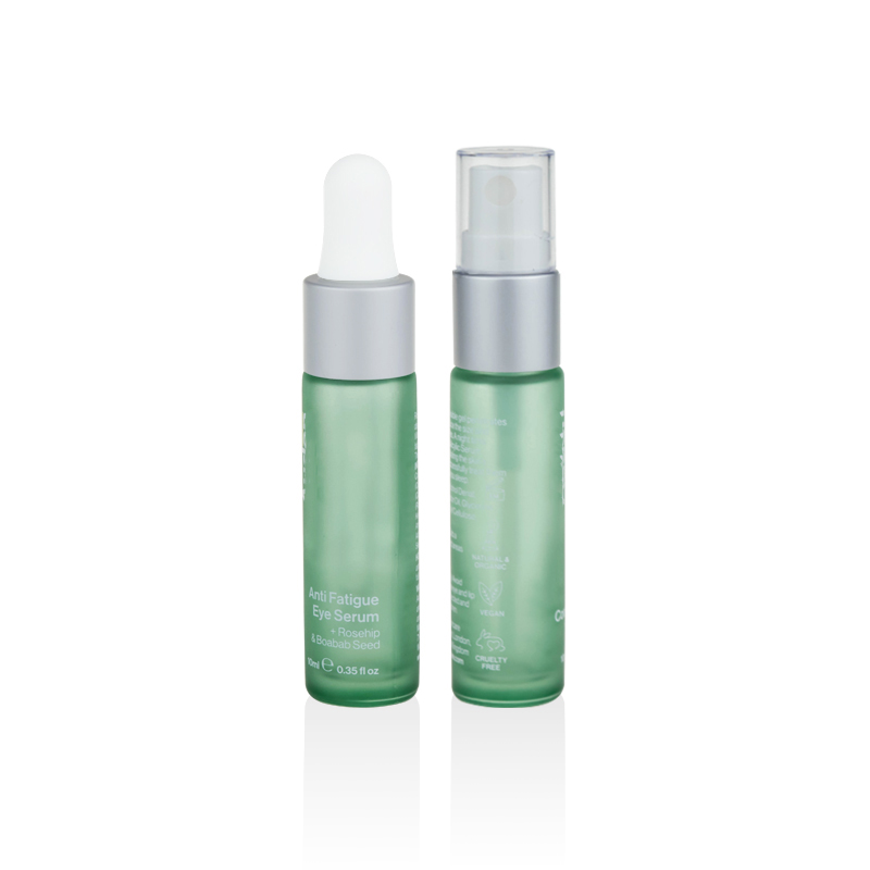 luxury elegant cosmetic packaging 5ml 10ml 15ml green frosted glass bottle with white sprayer