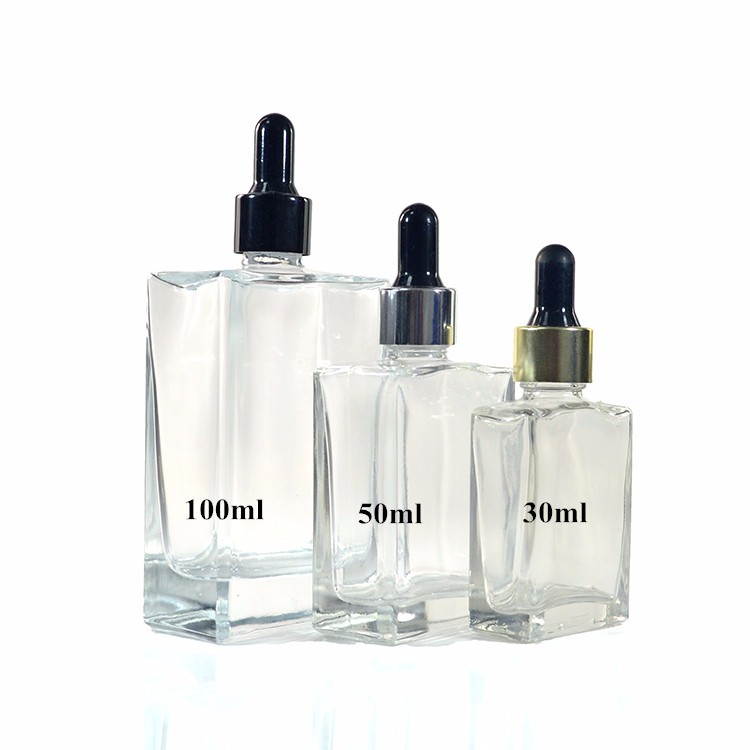 luxury essential oil frosted clear 15ml 30ml 50ml 100ml rectangular flat square glass drsopper bottle w/ bamboo lid