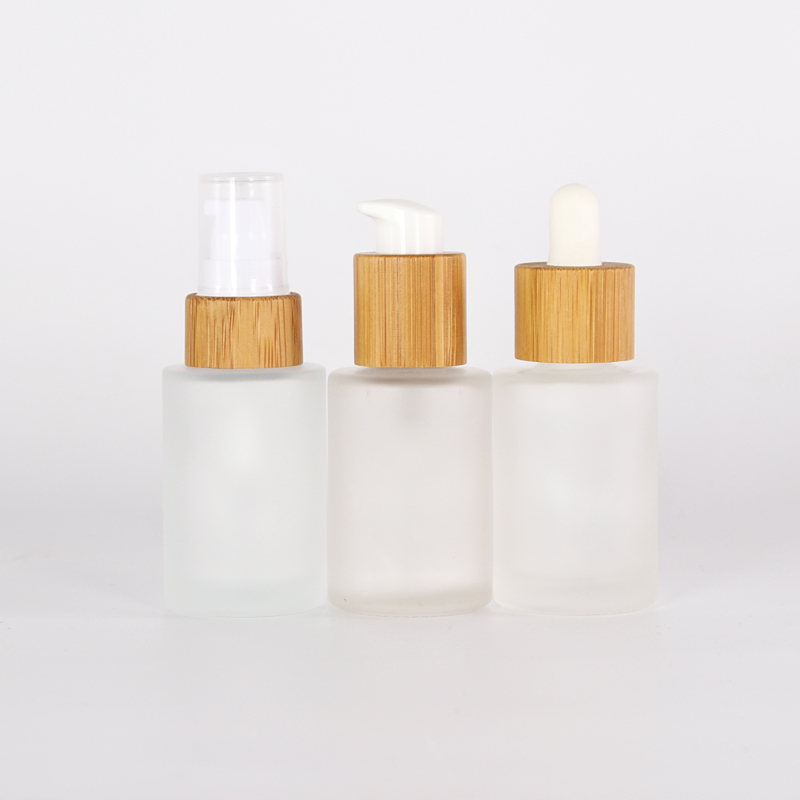 luxury face cream bottle frosted glass cosmetic 50ml 100ml skincare glass packaging with bamboo cap