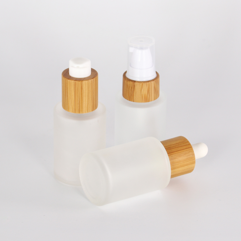 luxury face cream bottle frosted glass cosmetic 50ml 100ml skincare glass packaging with bamboo cap