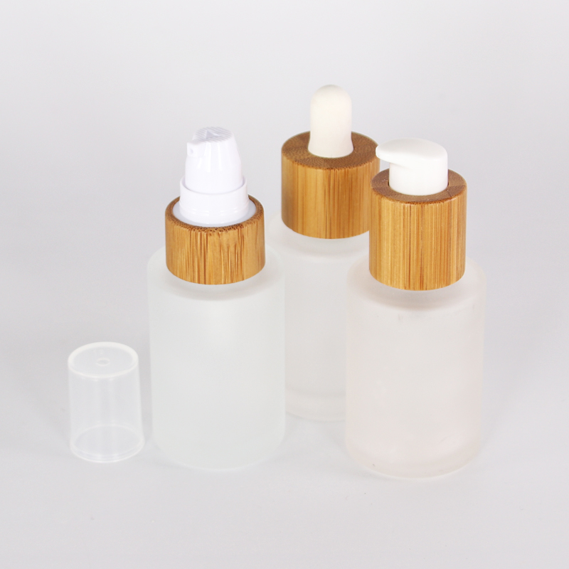 luxury face cream bottle frosted glass cosmetic 50ml 100ml skincare glass packaging with bamboo cap