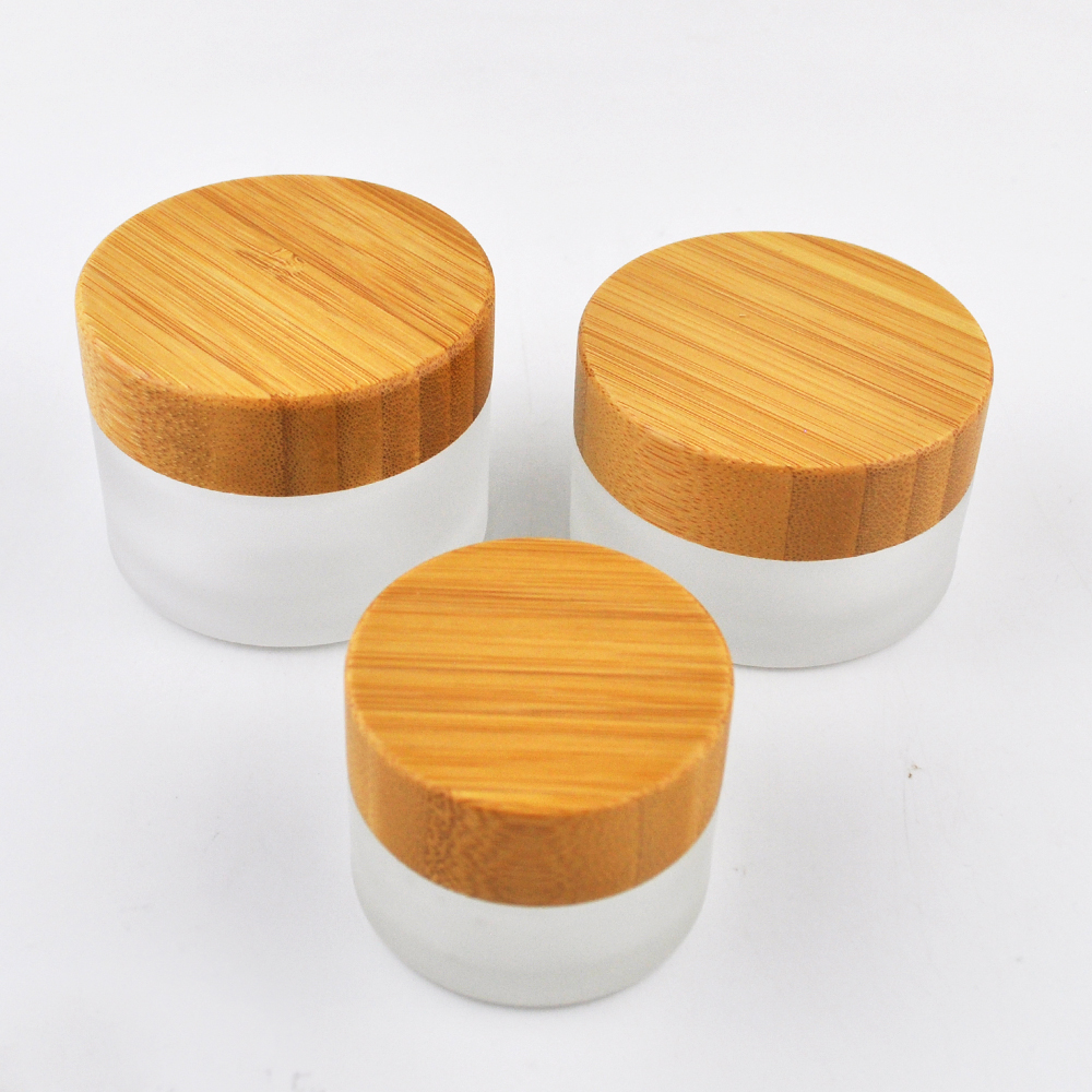luxury face cream bottle frosted glass cosmetic jar 50ml 100ml skincare glass packaging with bamboo cap