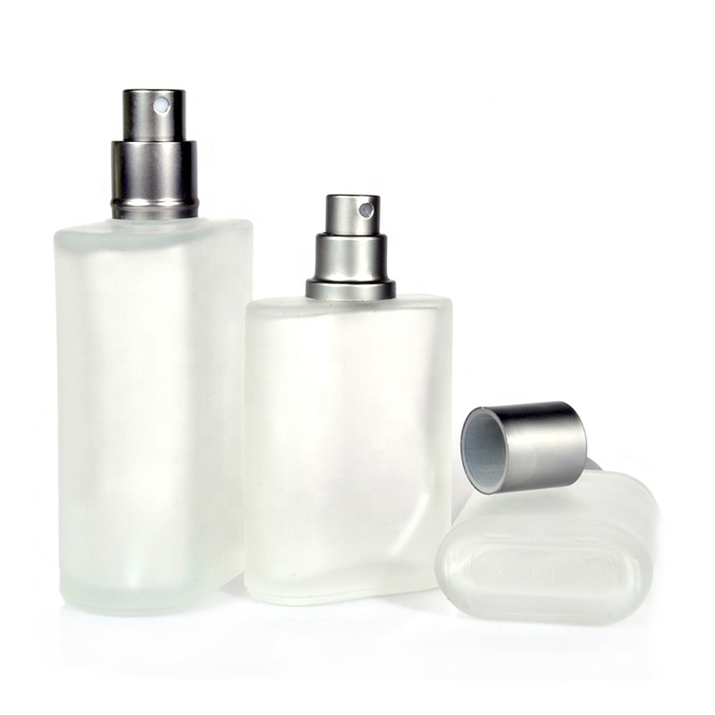 luxury flat shoulder cosmetic 30ml 50ml 100ml frosted clear glass spray perfume bottle with atomizer pump