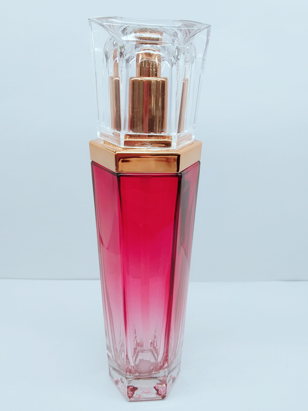 luxury hexagon shaped gradient red color emulsion glass bottle set