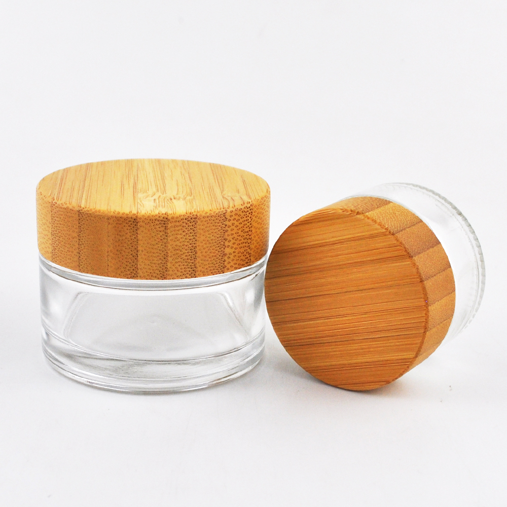 luxury round shape small glass skincare bottle 5ml 15ml 30ml with bamboo lid