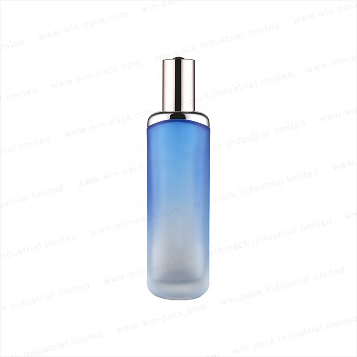 luxury round silver shoulder pretty transparent blue color 35ml 100ml 120ml unique glass lotion pump bottles for cosmetic