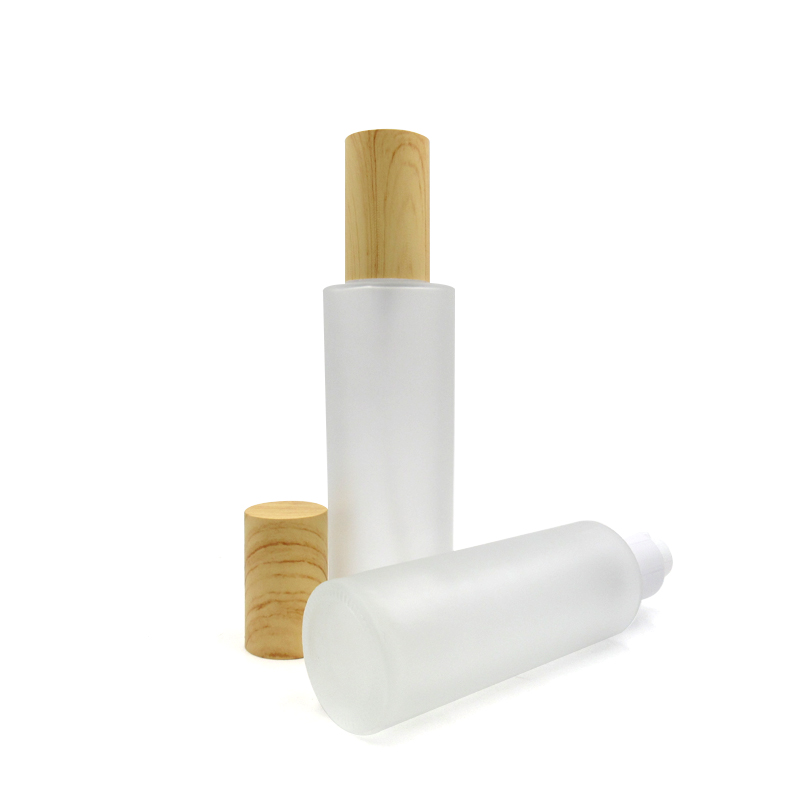 luxury skincare packaging  50ml 50g frosted glass spray pump bottle with bamboo wood grain cap lid