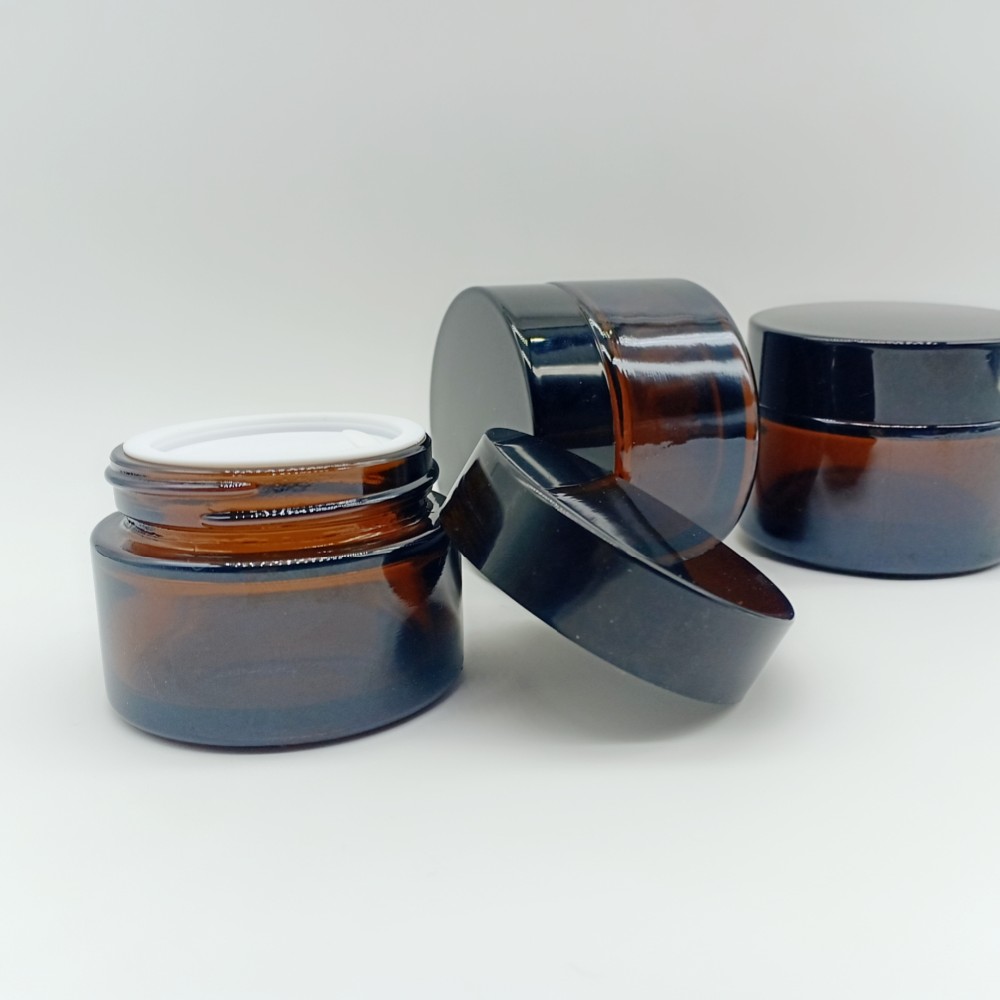 luxury unique 5ml 10ml 20ml 30ml 50ml 100ml Customized Cosmetic Packaging Glass Amber Cream Jar with plastic black aluminum cap