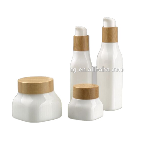 luxury white opal glass lotion bottle and cream jar cosmetic bottle  with bamboo cap