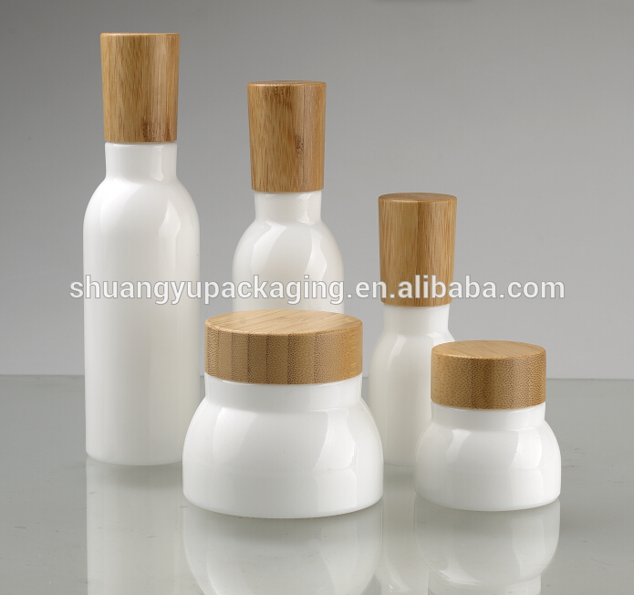 luxury white opal glass lotion bottle and cream jar cosmetic bottle with bamboo cap