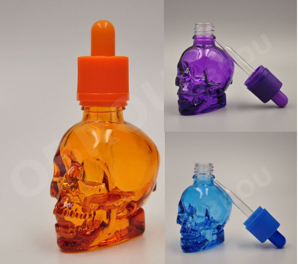 manufacturer 30ml 60ml 120ml color Glass Skull Bottle for e vape liquid skull glass dropper bottle