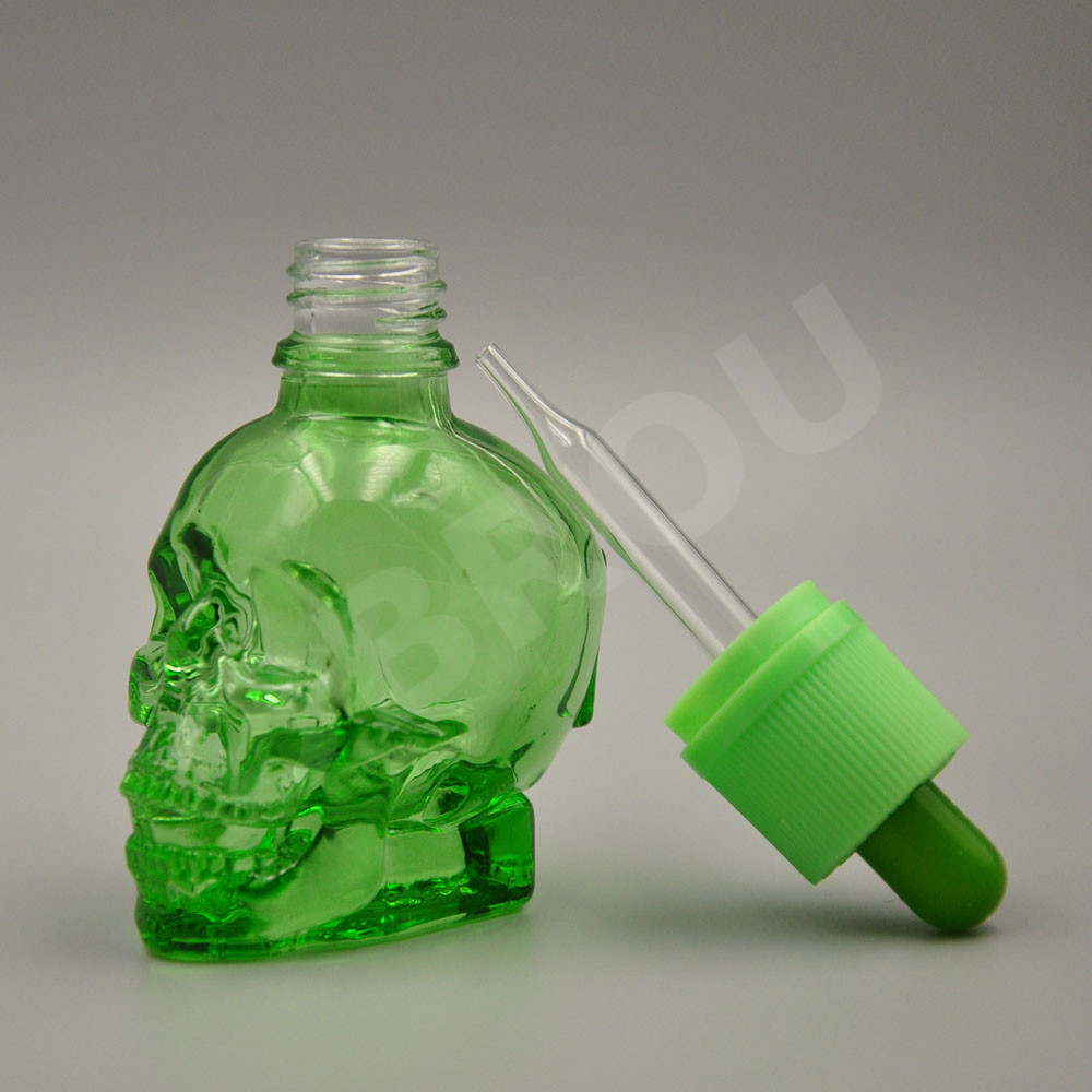 manufacturer 30ml 60ml 120ml color Glass Skull Bottle for e vape liquid skull glass dropper bottle