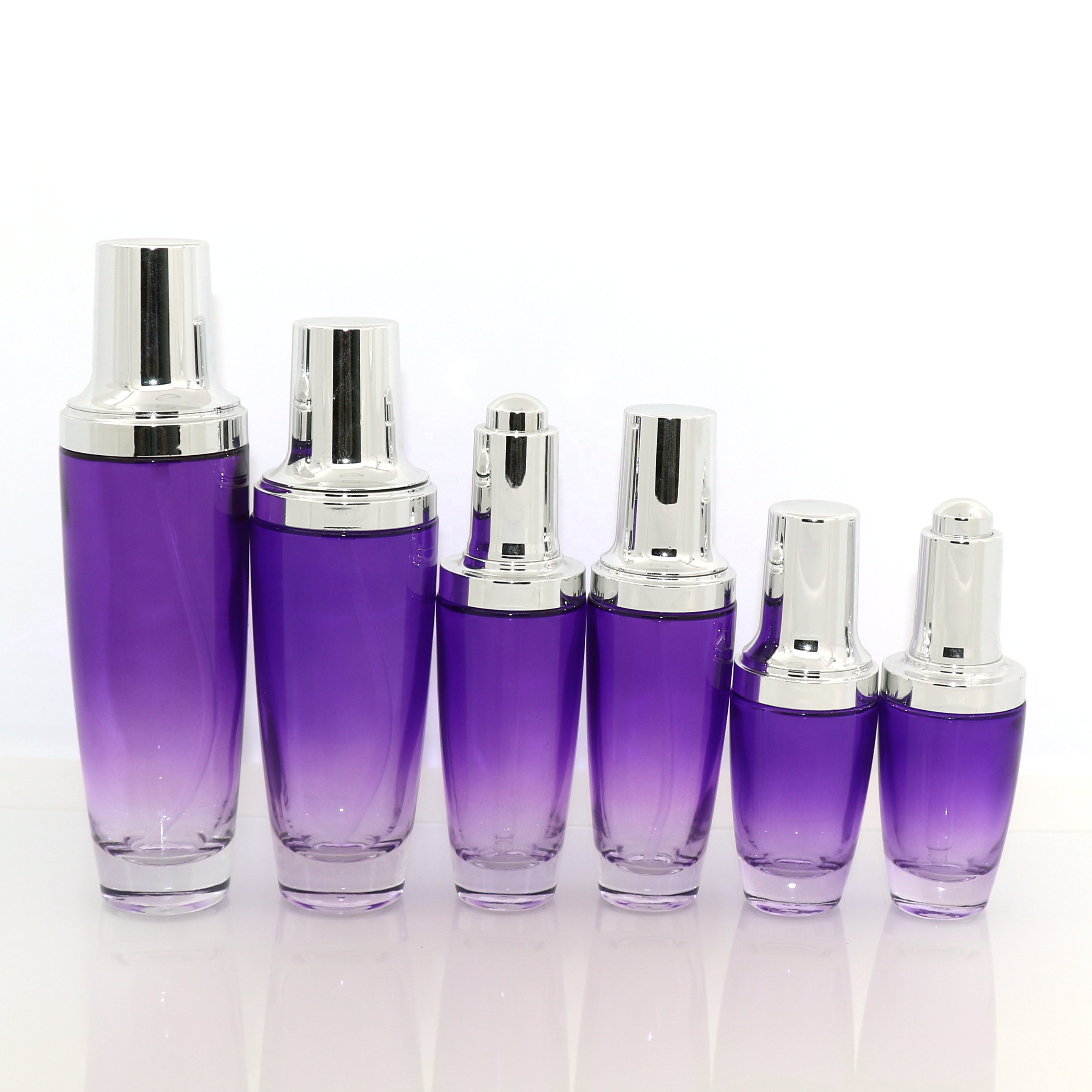 manufacturer lotion perfume 100ml 120ml luxury gradient purple lotion serum oil and sliver gold spray bottles