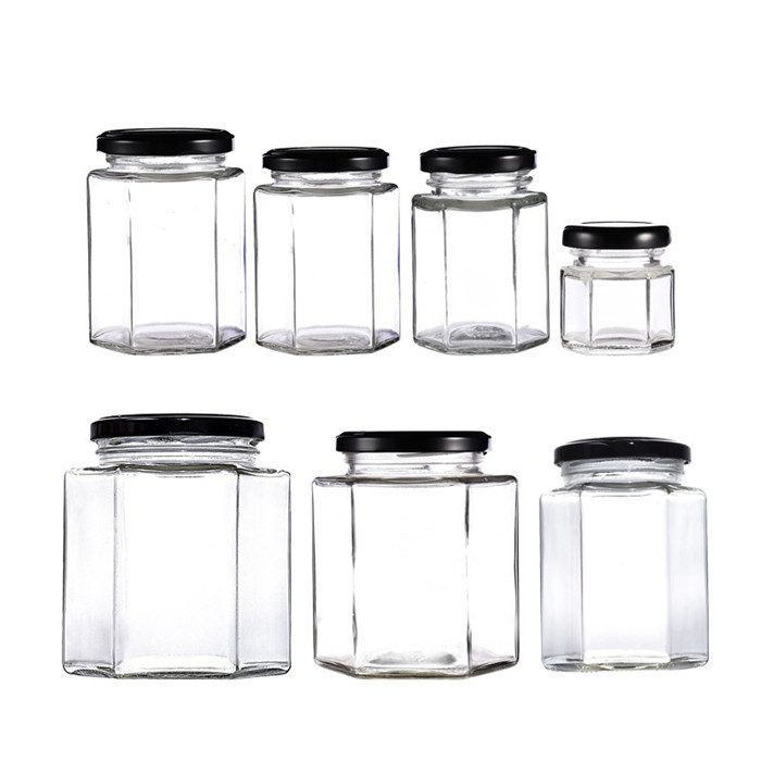 manufacturers different sizes empty hexagon glass jar with screw cap