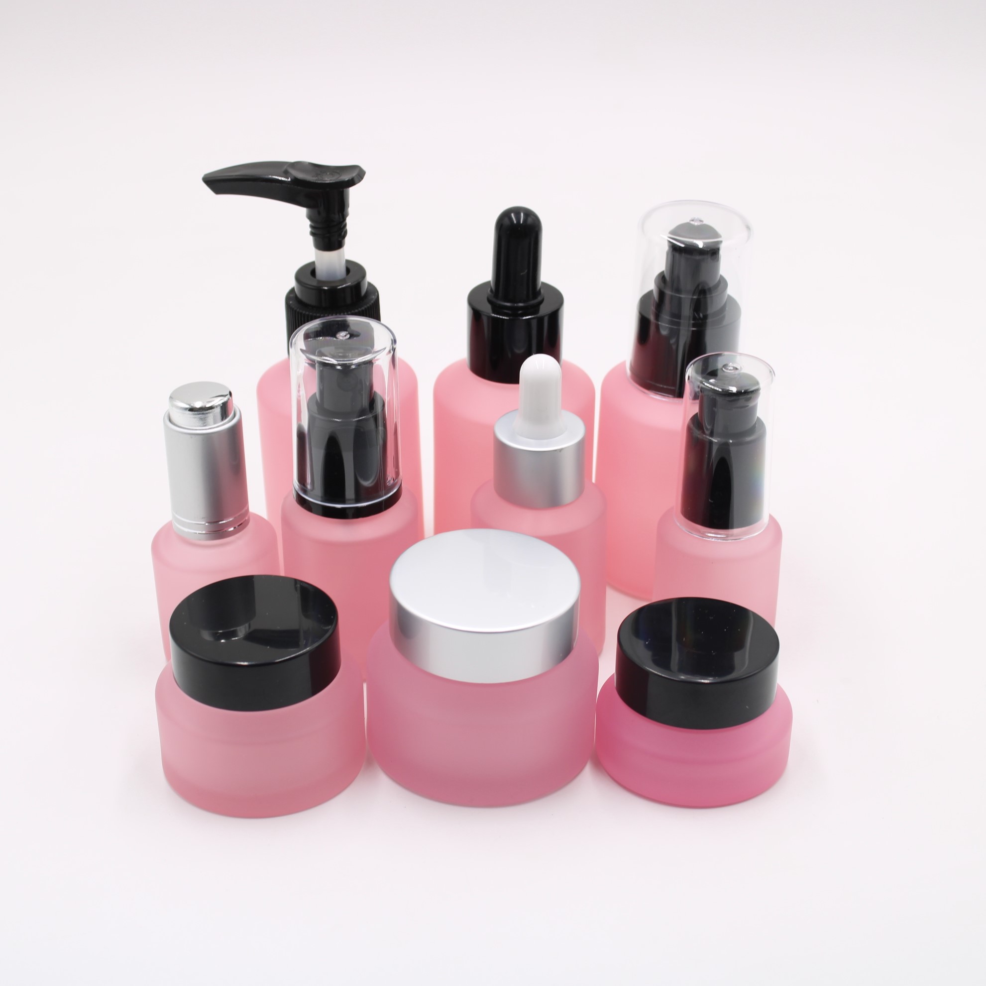 manufacturers wholesale whole set stock luxury cosmetic packaging serum pink glass dropper bottle