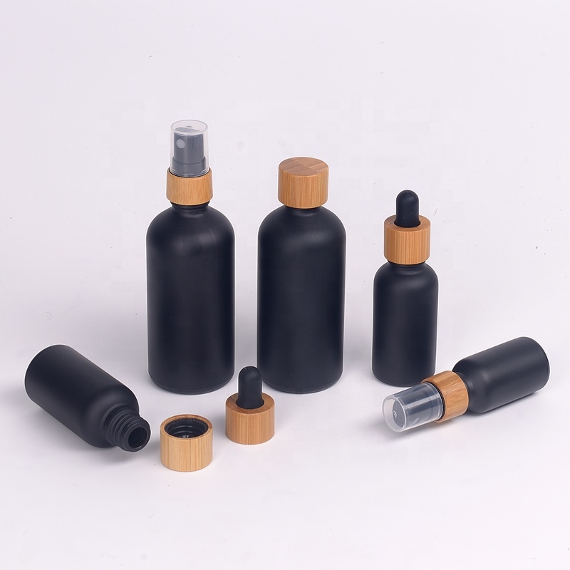 matt black glass bottles 15ml 20ml 30ml 50ml 100ml matte black glass essential oil bottles with bamboo wood lid