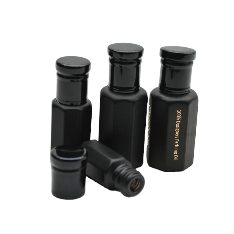 matte black 3ml 6ml 12ml print glass attar perfume oil octagonal bottle with roll on / stick for oud oil