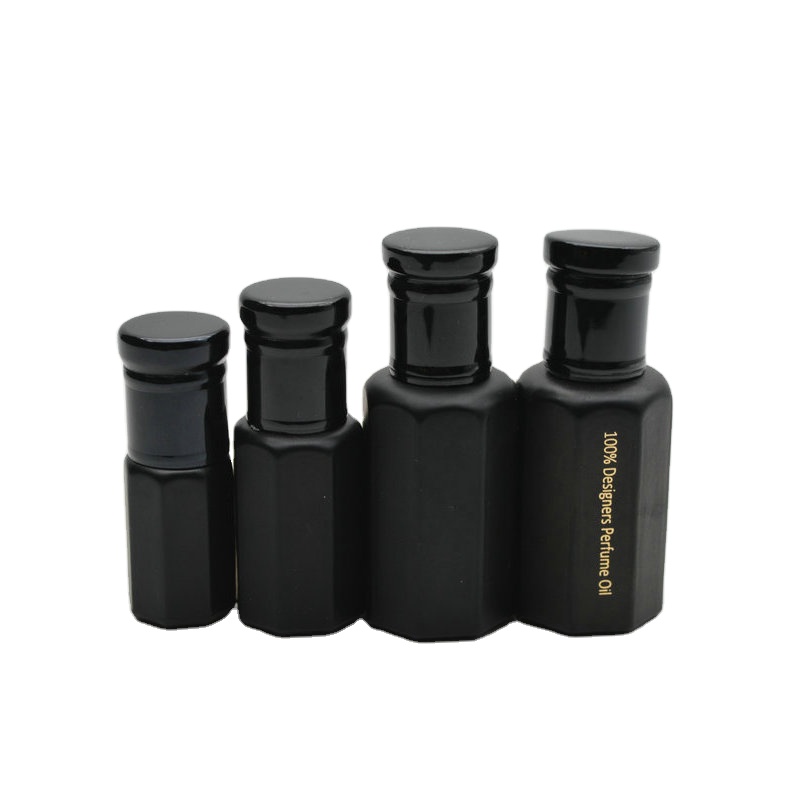 matte black 3ml 6ml 12ml print glass attar perfume oil octagonal bottle with roll on / stick for oud oil