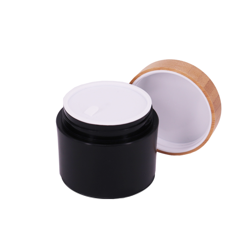 matte black cosmetic bottles and jars with bamboo cap for cosmetic packaging