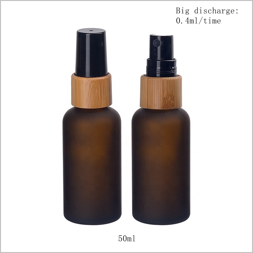 matte brown cosmetic bottle 50 ml frosted amber glass bottles with 18/415 bamboo wooden mist spray