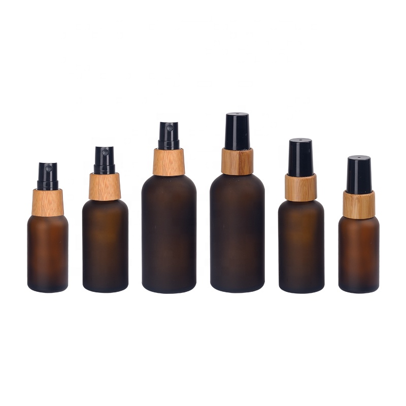 matte brown cosmetic bottle 50 ml frosted amber glass bottles with 18/415 bamboo wooden mist spray