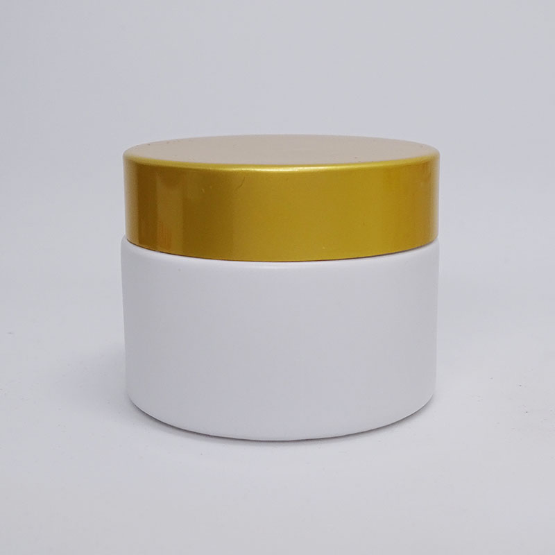 matte gold aluminum lid cosmetic packaging beauty care face cream frosted white glass jar