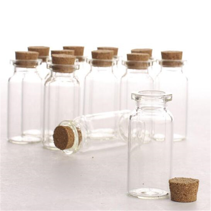 mini 10ml small slender round glass bottles with cork stopper