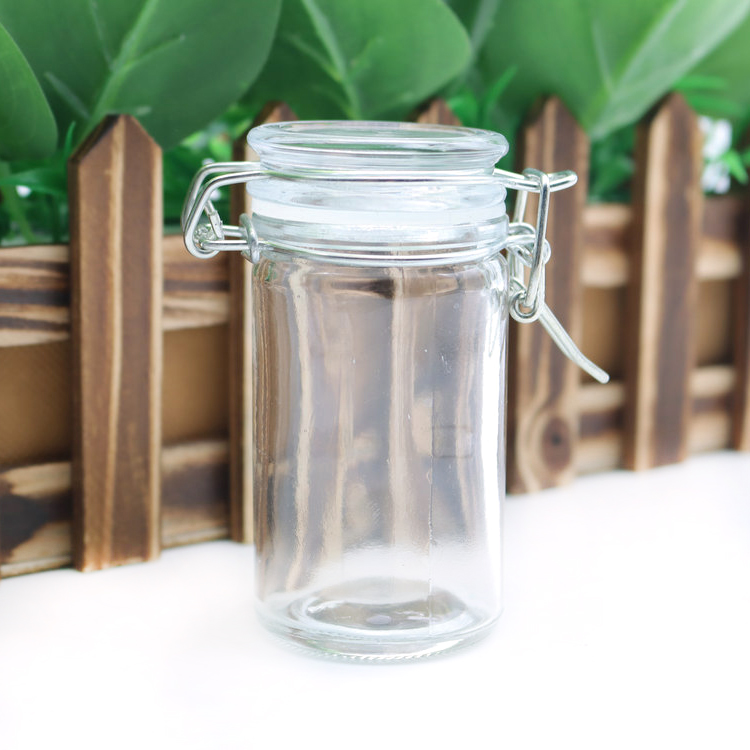 mini airtight cylinder glass spice jars, 75ml Air Tight Seal bottles Canning Jars with clasp lids for food