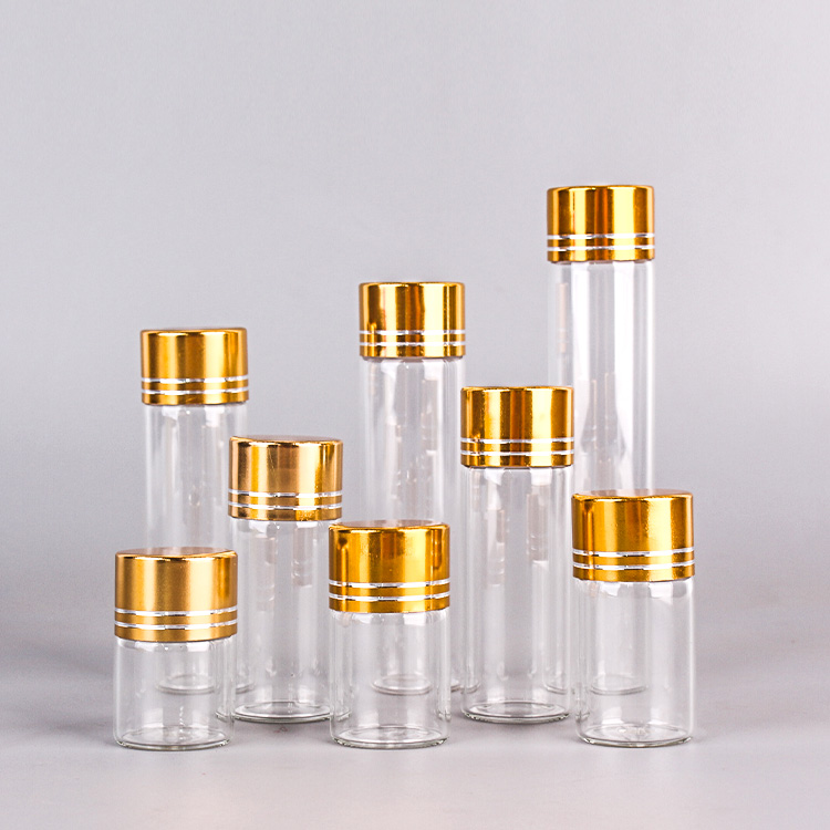 mini cylinder straight borosilicate glass bottle 5ml 10ml 15ml 20ml 25ml with gold screw lid