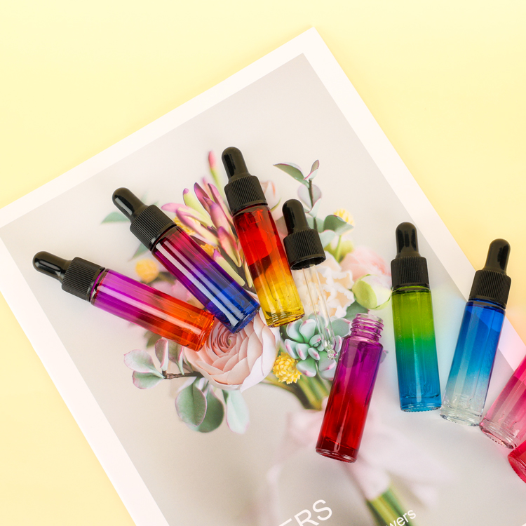 mini luxury oil bottle 10 ml rainbow colorful gradient holographic dropper bottle