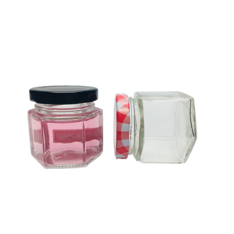mini small 40ml hexagon glass jar honey jar with black lids wholesale lead-free