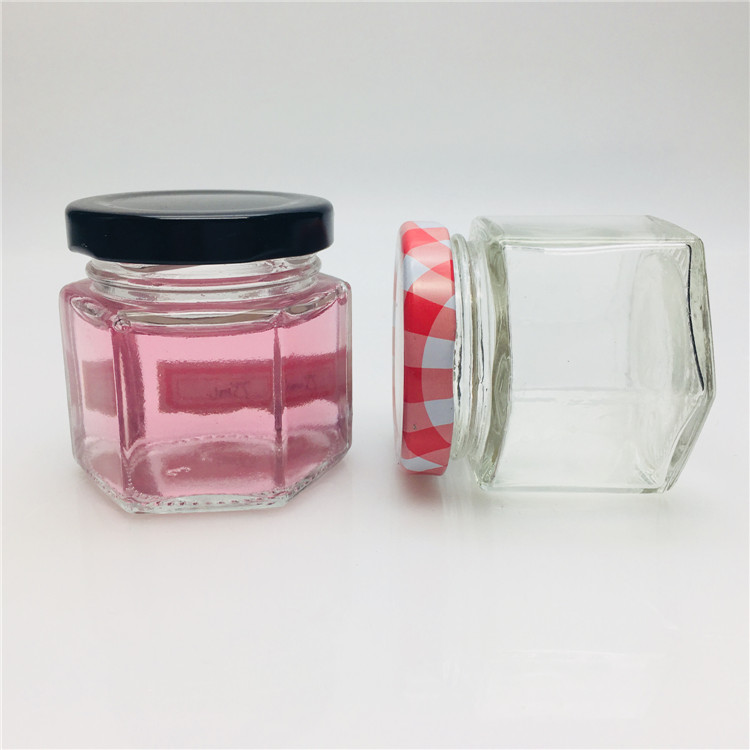 mini small 40ml hexagon glass jar honey jar with black lids wholesale lead-free