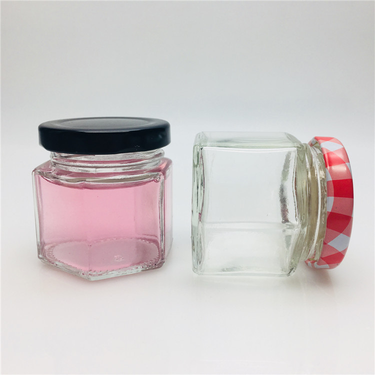 mini small 40ml hexagon glass jar honey jar with black lids wholesale lead-free