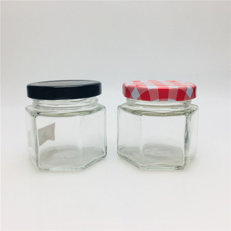 mini small 40ml hexagon glass jar honey jar with black lids wholesale lead-free