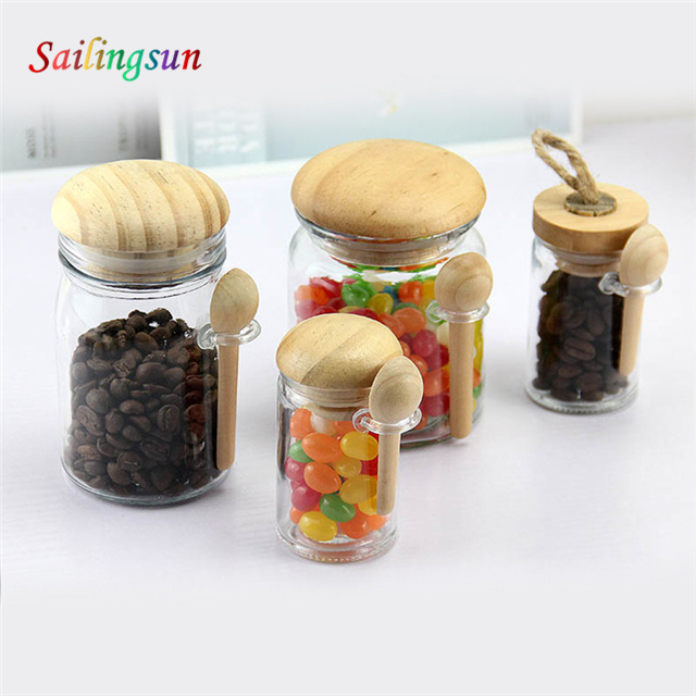 mini small with wooden stopper spoon handcraft pyrex glass food jar
