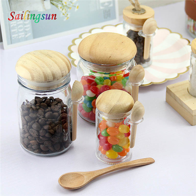mini small with wooden stopper spoon handcraft pyrex glass food jar