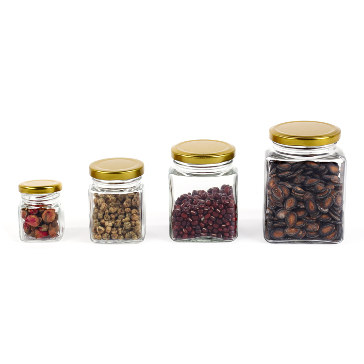 mini square clear empty 50 ml glass jars for honey bottle packing with metal cap